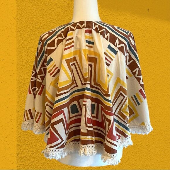 70s vintage true hippie cotton poncho with rope and fringe - Picture 5 of 11